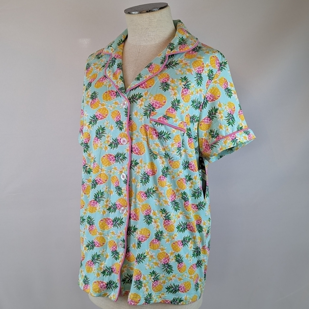 Pillow Talk Tropical Pineapple Print PJ Set Short Sleeve Top Pants Aqua M NWT - Picture 5 of 12